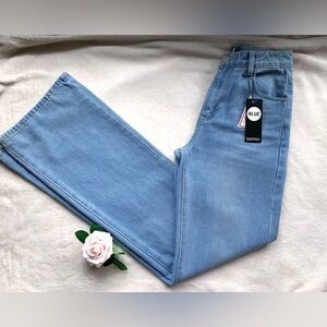 Boohoo Blue Mid Rise Wide Leg Jeans